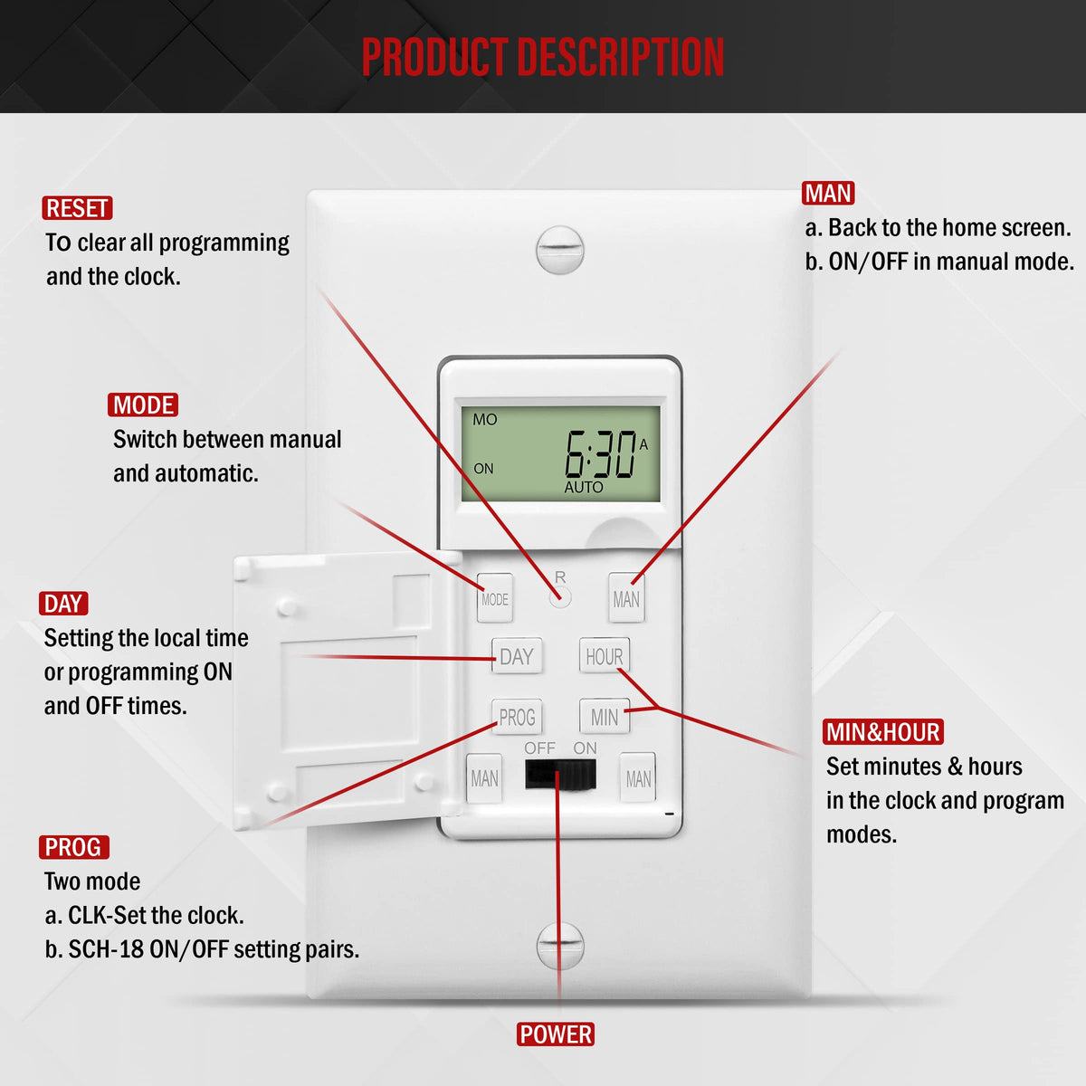 ENERLITES HET01-C timer display of 18 weekly scheduling options.