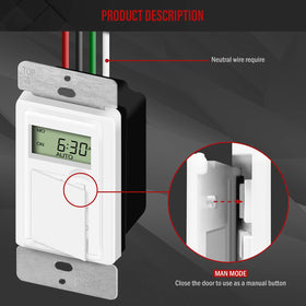 Enerlites HET01-C-W timer back panel with wiring terminals for easy installation.
