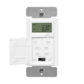 Enerlites HET01-C-W timer front view showing programmable schedules for lights.
