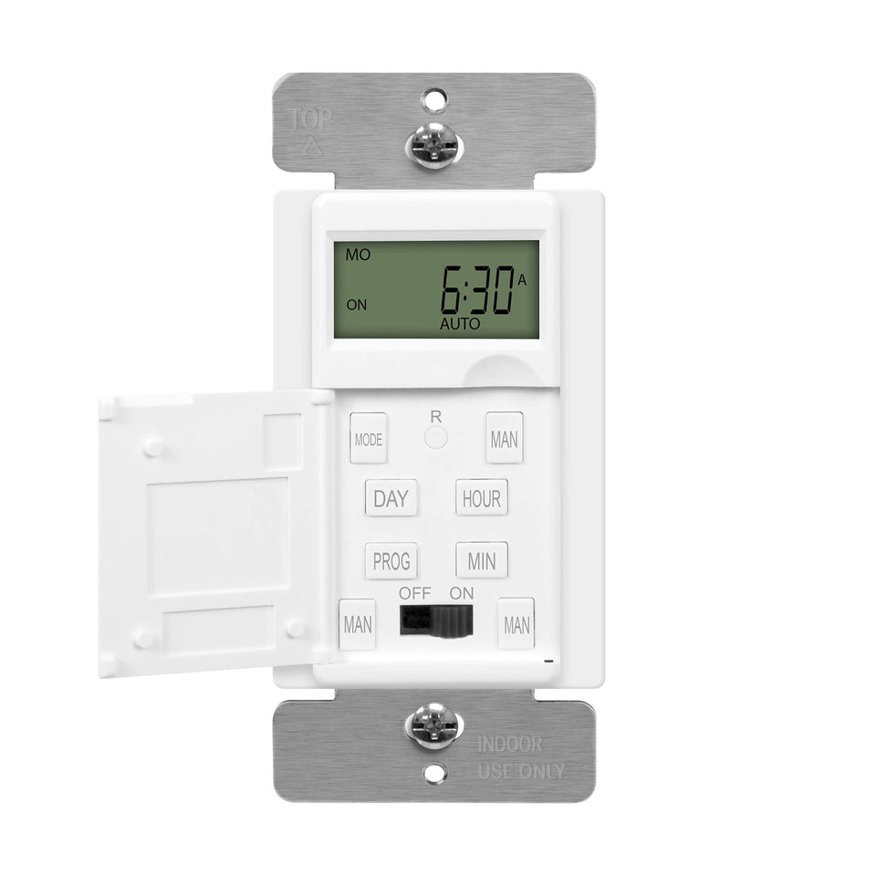 Enerlites HET01-C-W timer front view showing programmable schedules for lights.
