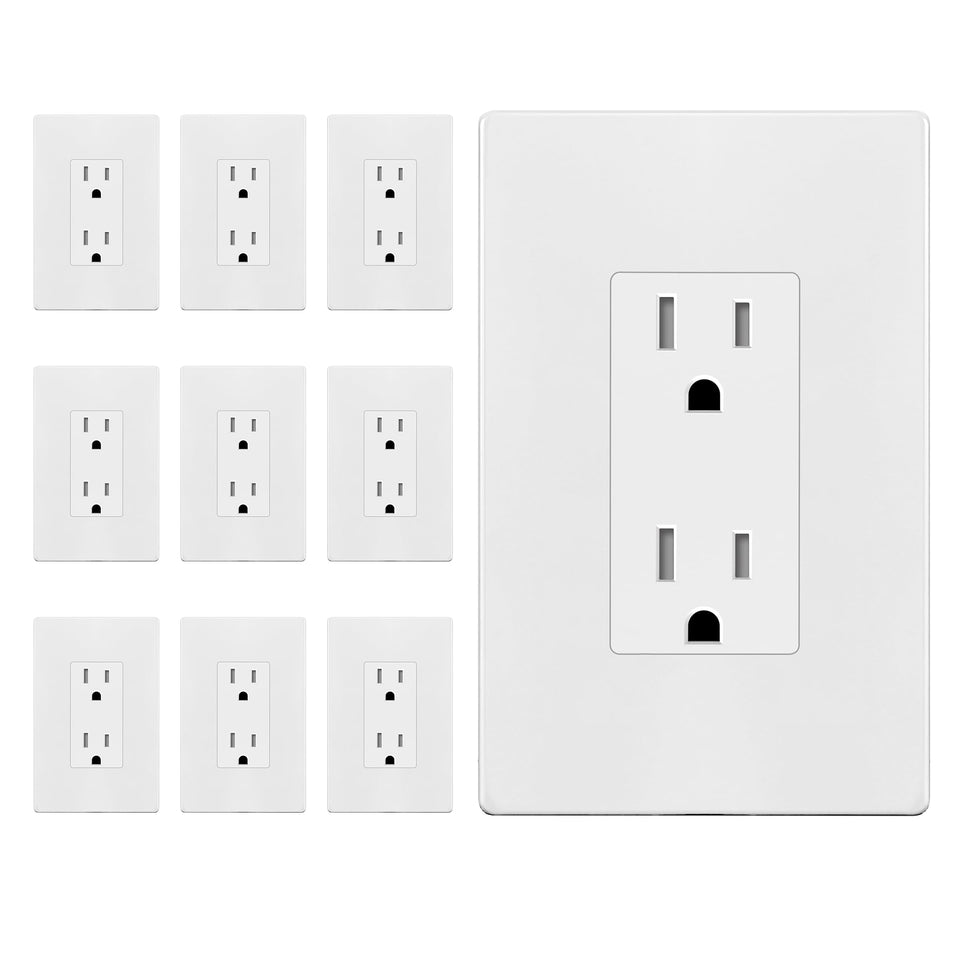 Enerlites matte white decorator receptacle front view with fingerprint-resistant finish.
