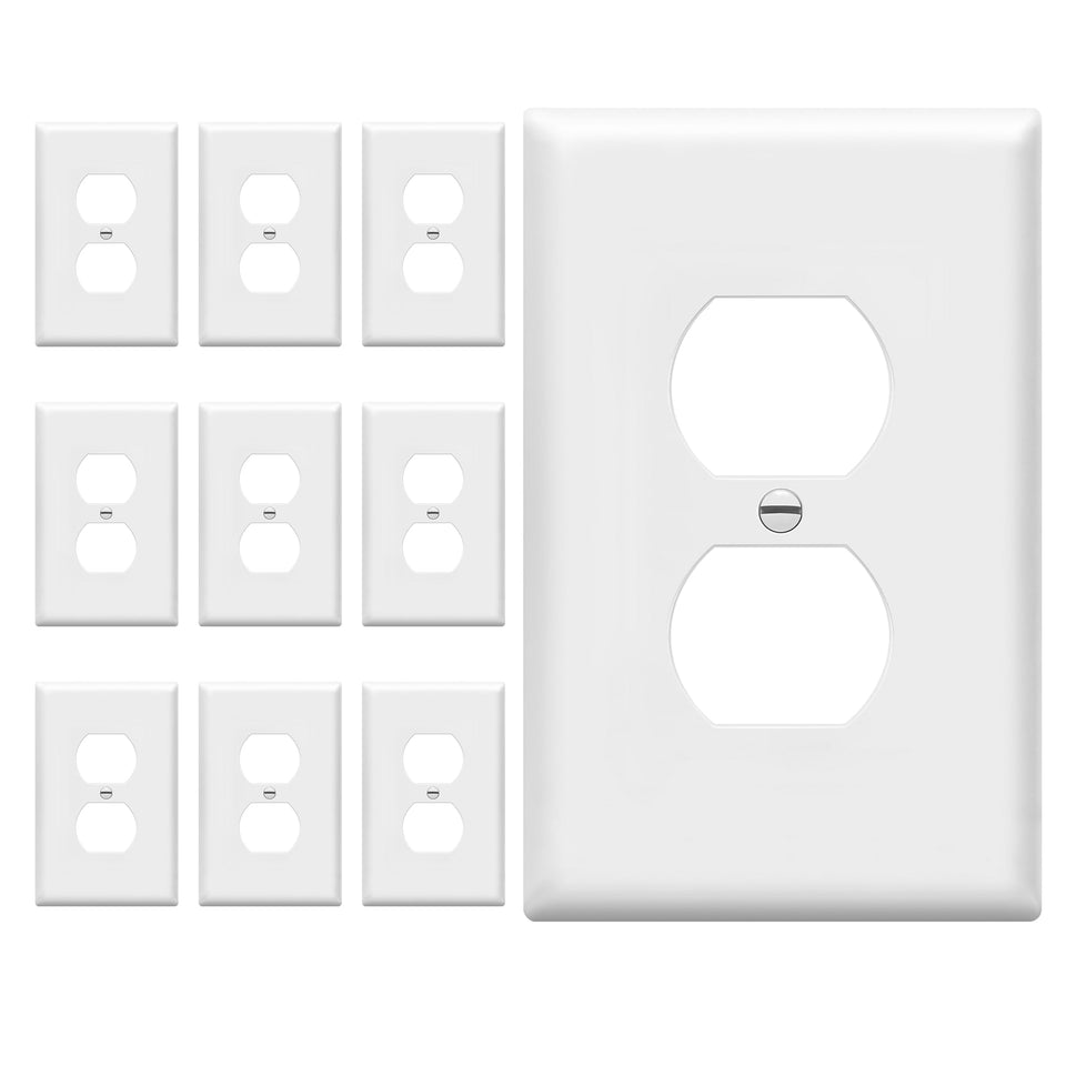 ENERLITES mid-size duplex wall plate in white, a durable option for everyday outlets.