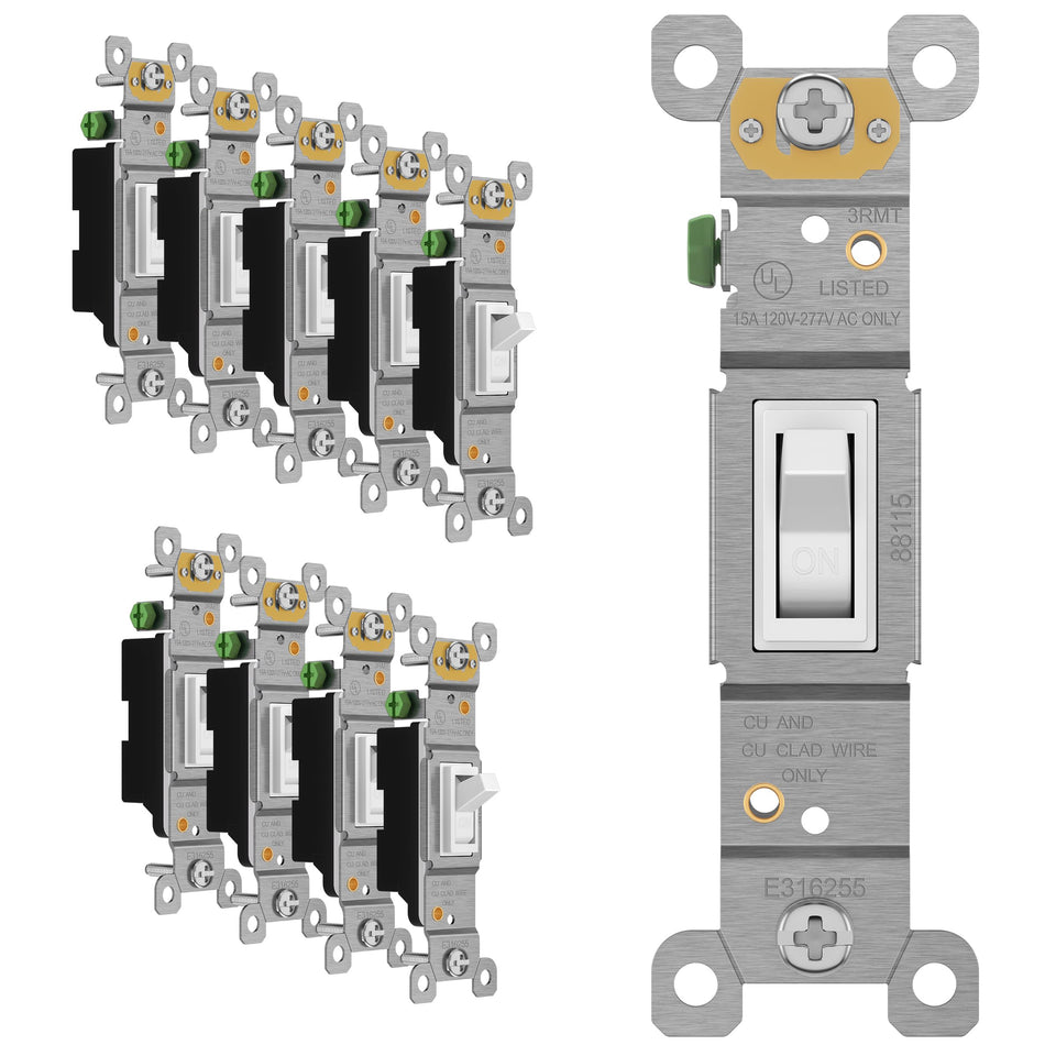ENERLITES toggle switch front view with crisp white finish for neat installs.