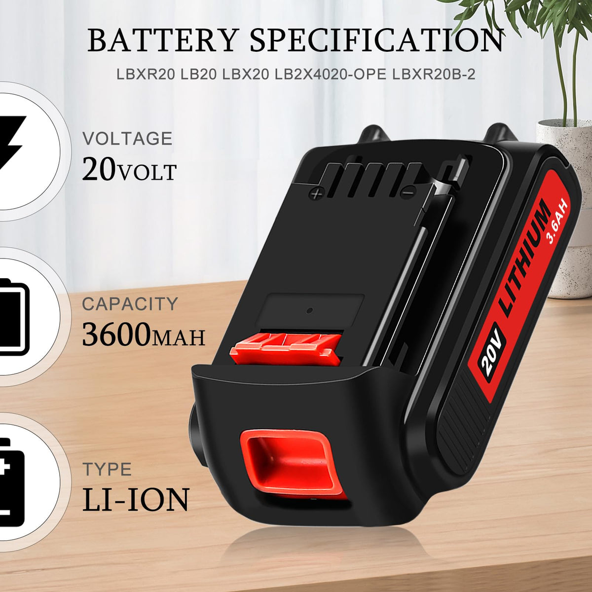 EnerMall 20V battery front label shows model details for quick checks.