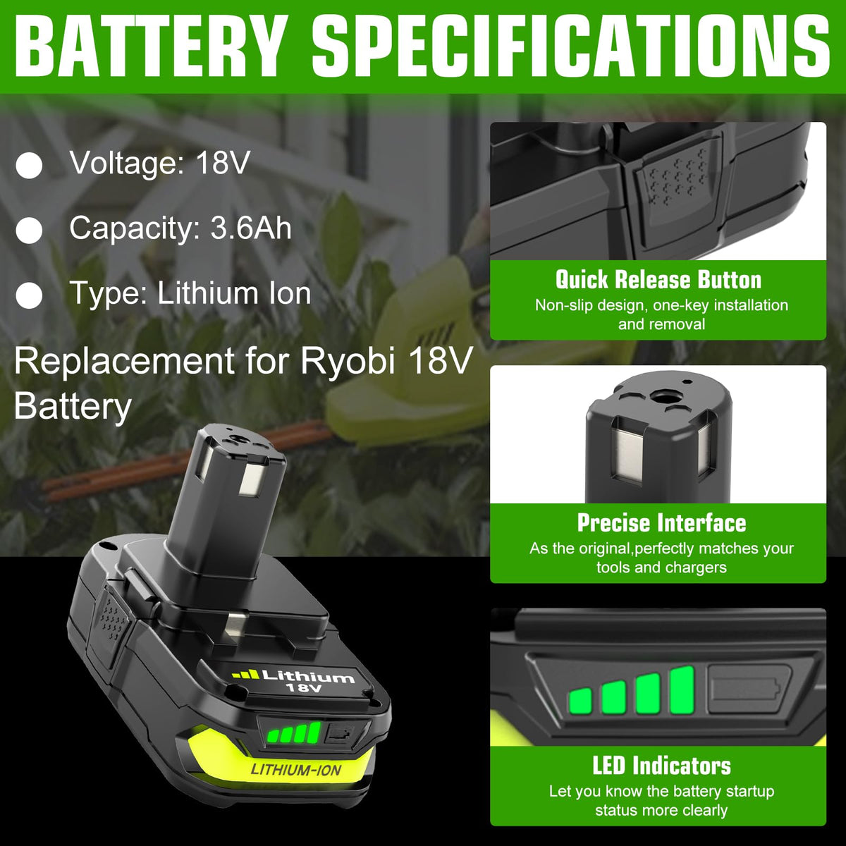 Enermall 3600mAh replacement for Ryobi P103 ensuring steady cordless power