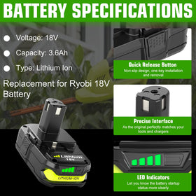 Enermall 3600mAh replacement for Ryobi P103 ensuring steady cordless power