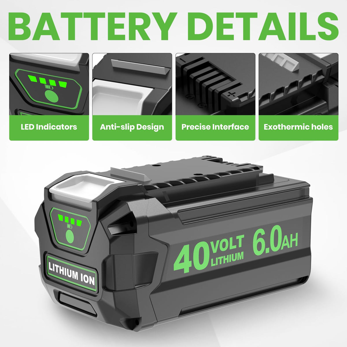 Enermall Greenworks 40V 6.0Ah battery side view for compact balance.