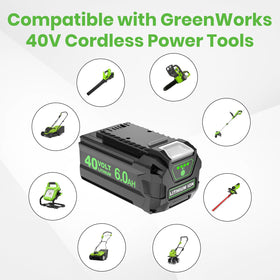 Enermall Greenworks 40V compatibility label showing broad tool support.