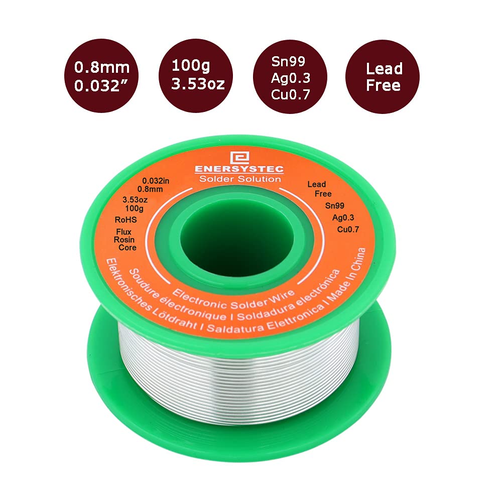 EnerSysTec rosin-core flux visible inside the solder wire