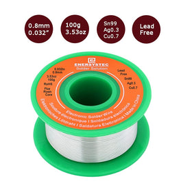 EnerSysTec rosin-core flux visible inside the solder wire