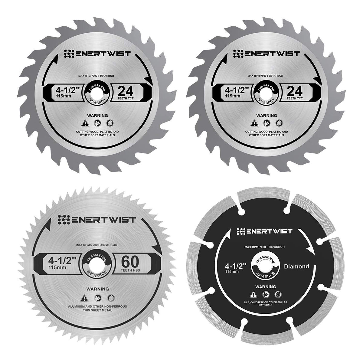 ENERTWIST packaging of 4-1/2 inch blade set showing versatile wood, metal, tile cuts.