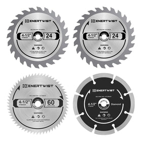 ENERTWIST packaging of 4-1/2 inch blade set showing versatile wood, metal, tile cuts.