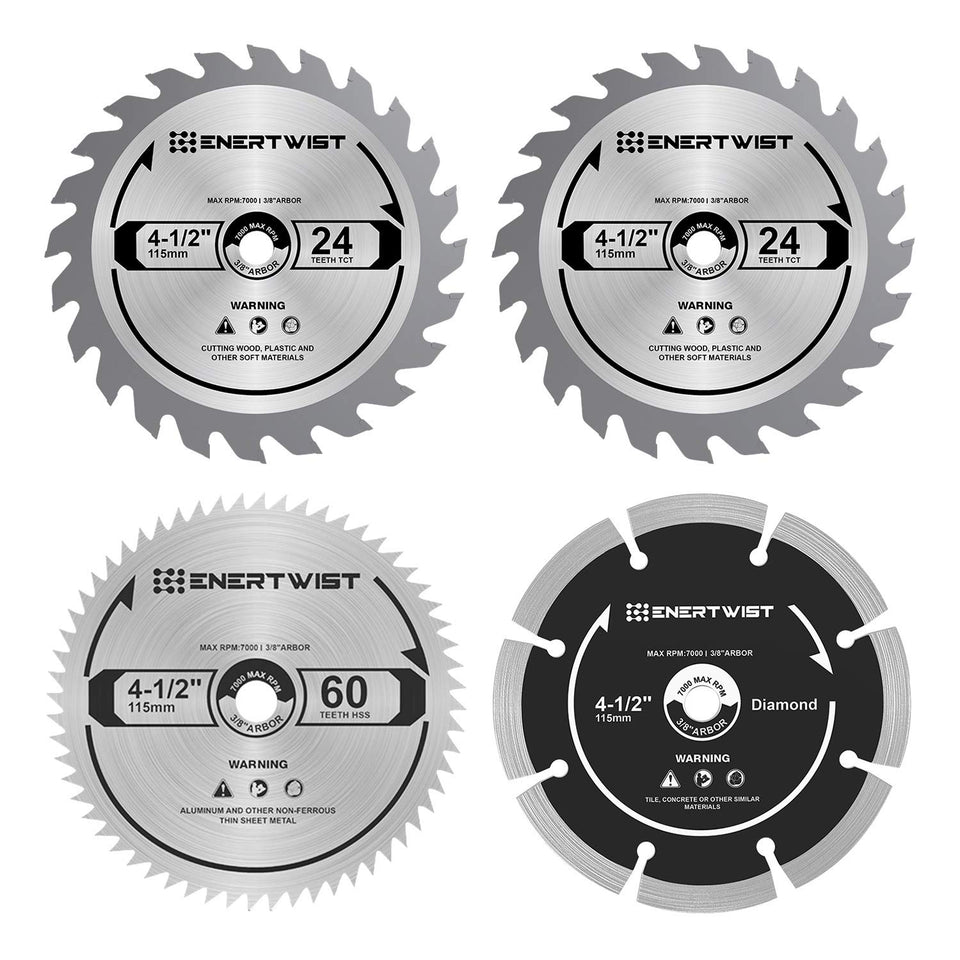 ENERTWIST packaging of 4-1/2 inch blade set showing versatile wood, metal, tile cuts.