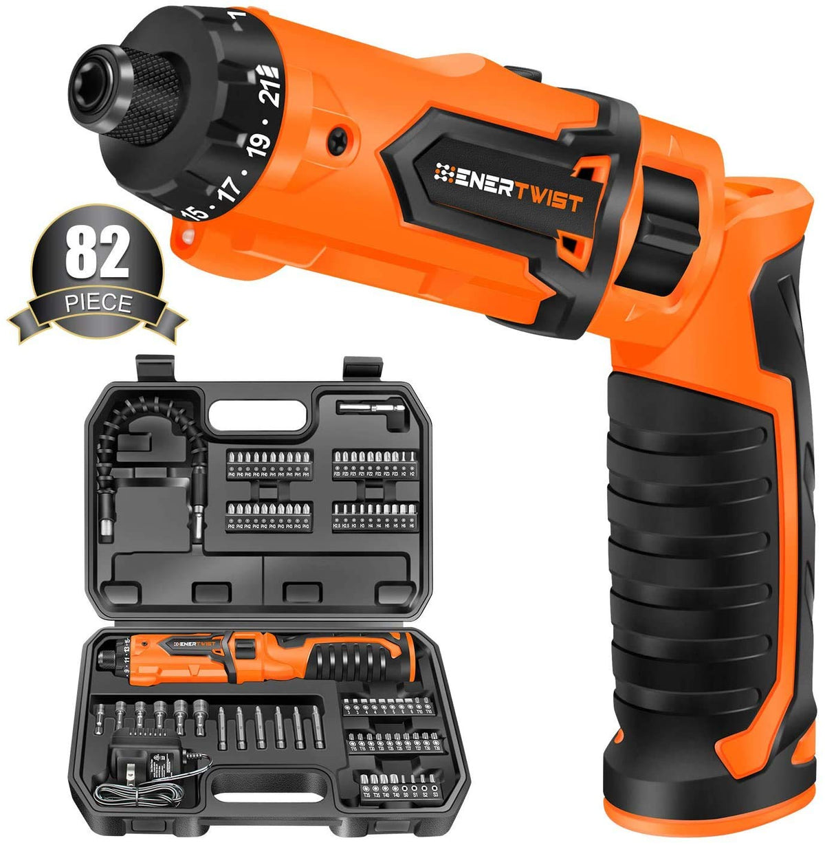 ENERTWIST 8V screwdriver shown in a portable carry case for easy storage