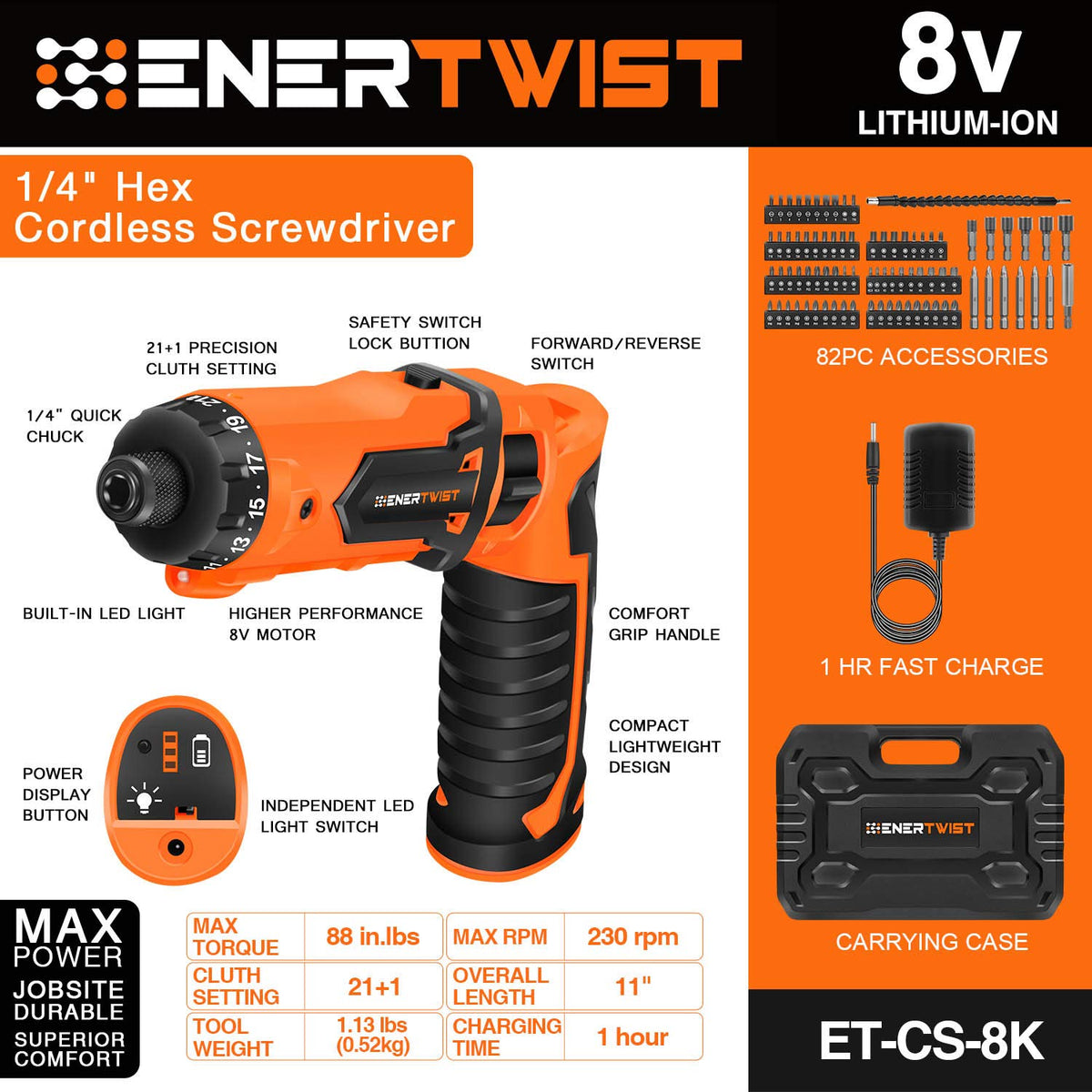 ENERTWIST fast charger powering the 8V screwdriver for quick recharges