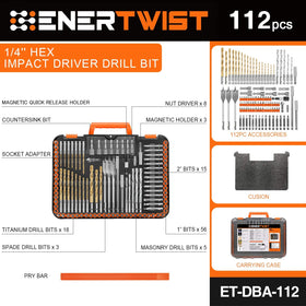 ENERTWIST 1/4-inch hex shank bits enable fast changes with reduced spin-out