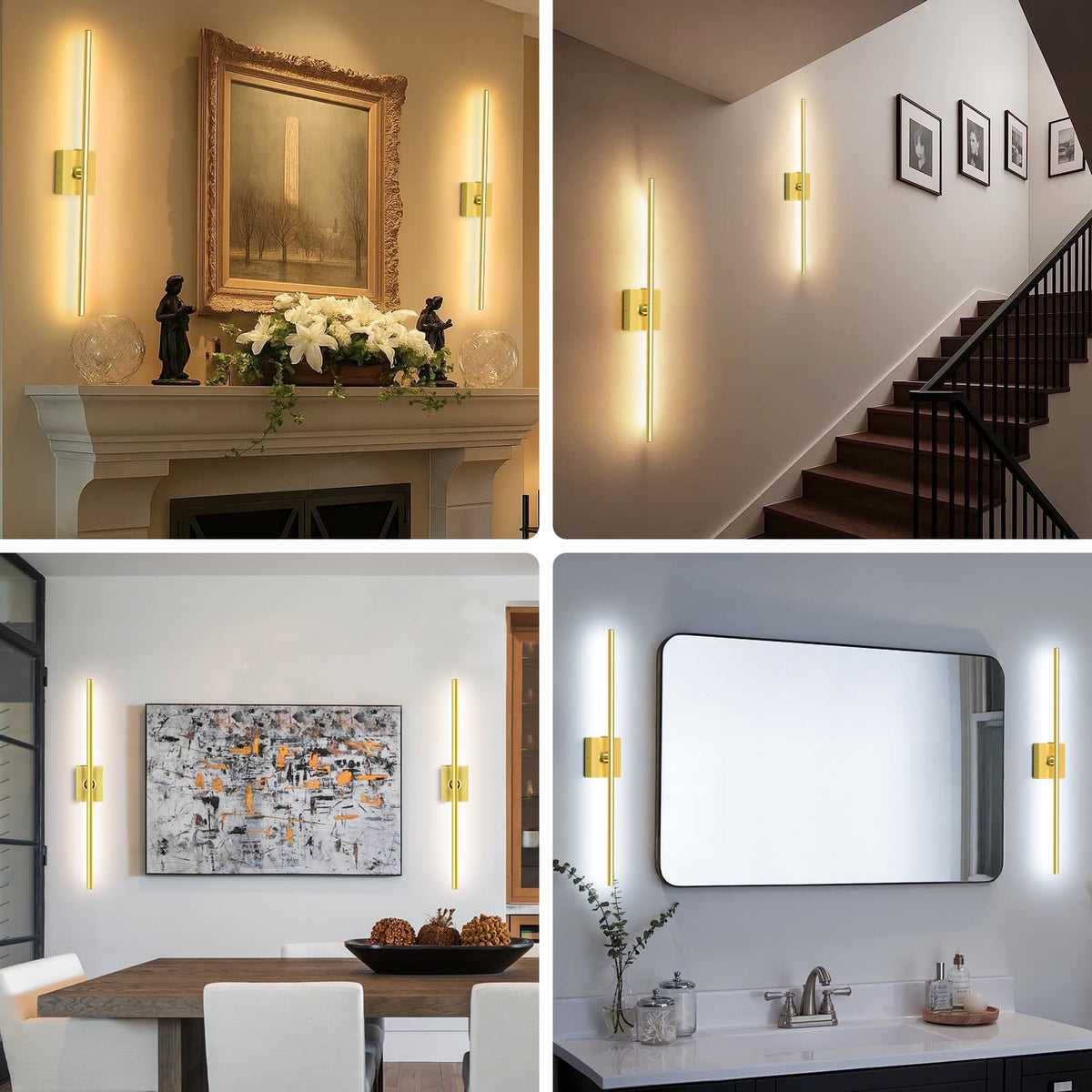 Eneru gold wall sconce lit in living room with warm ambience