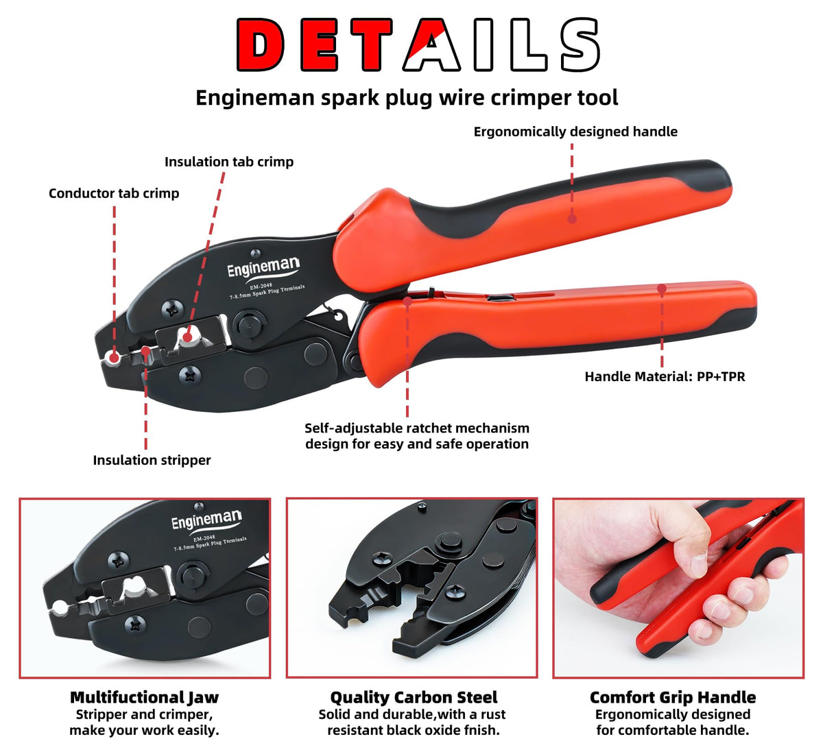 Engineman EM-2048 demonstrates 3-in-1 crimp, strip, and cut function for efficiency.