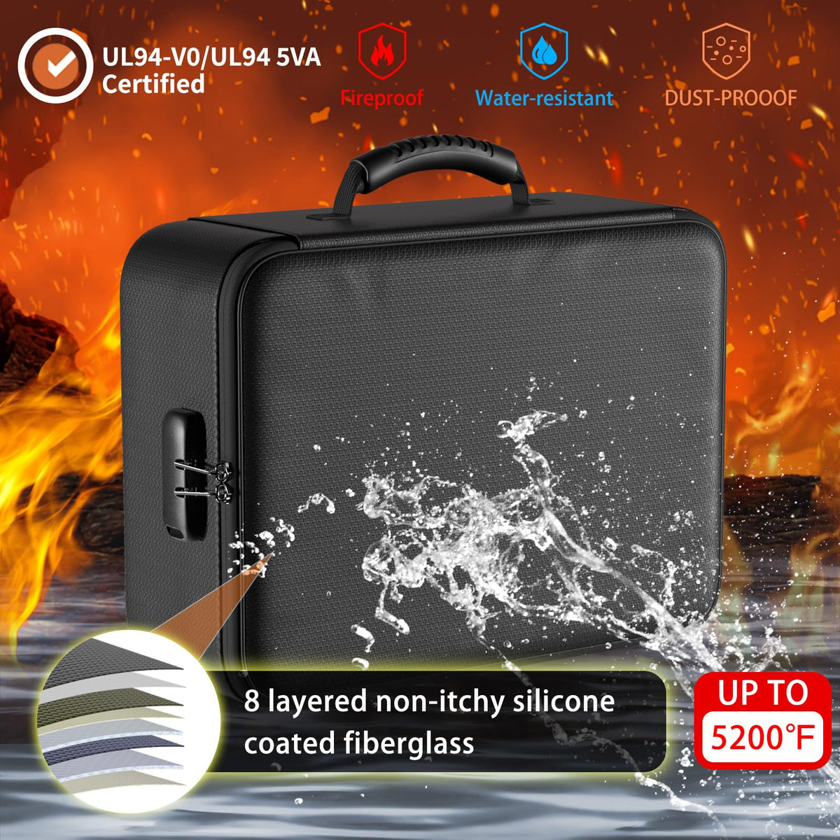 ENGPOW fireproof bag with locking closure showing secure valuables