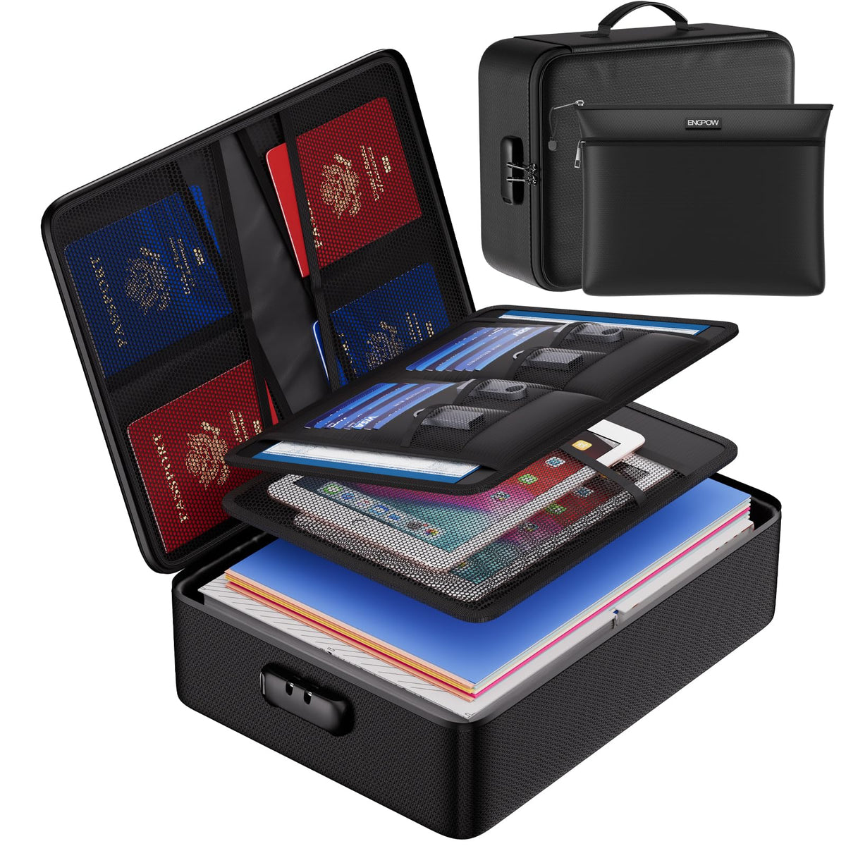 ENGPOW Fireproof Document Bag with Lock closed view protecting papers