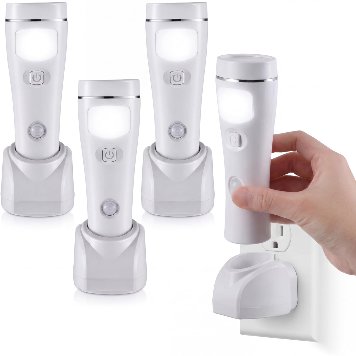 Enhon 3 Pack 4-in-1 emergency light plugged into outlet for reliable power outage visibility.