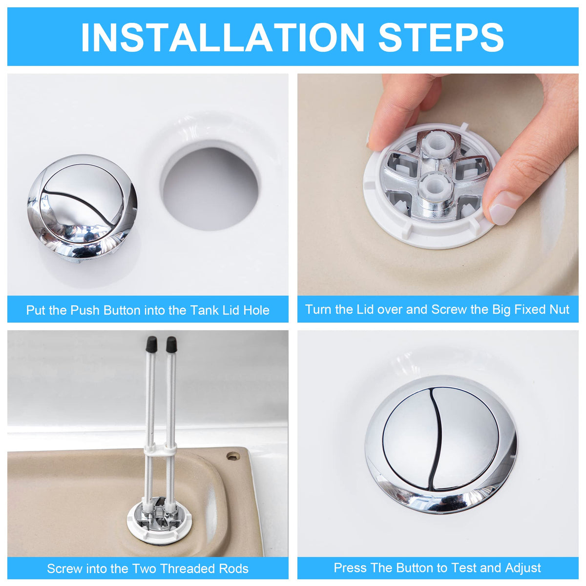 Enhon chrome-finish ABS button provides a durable toilet upgrade.