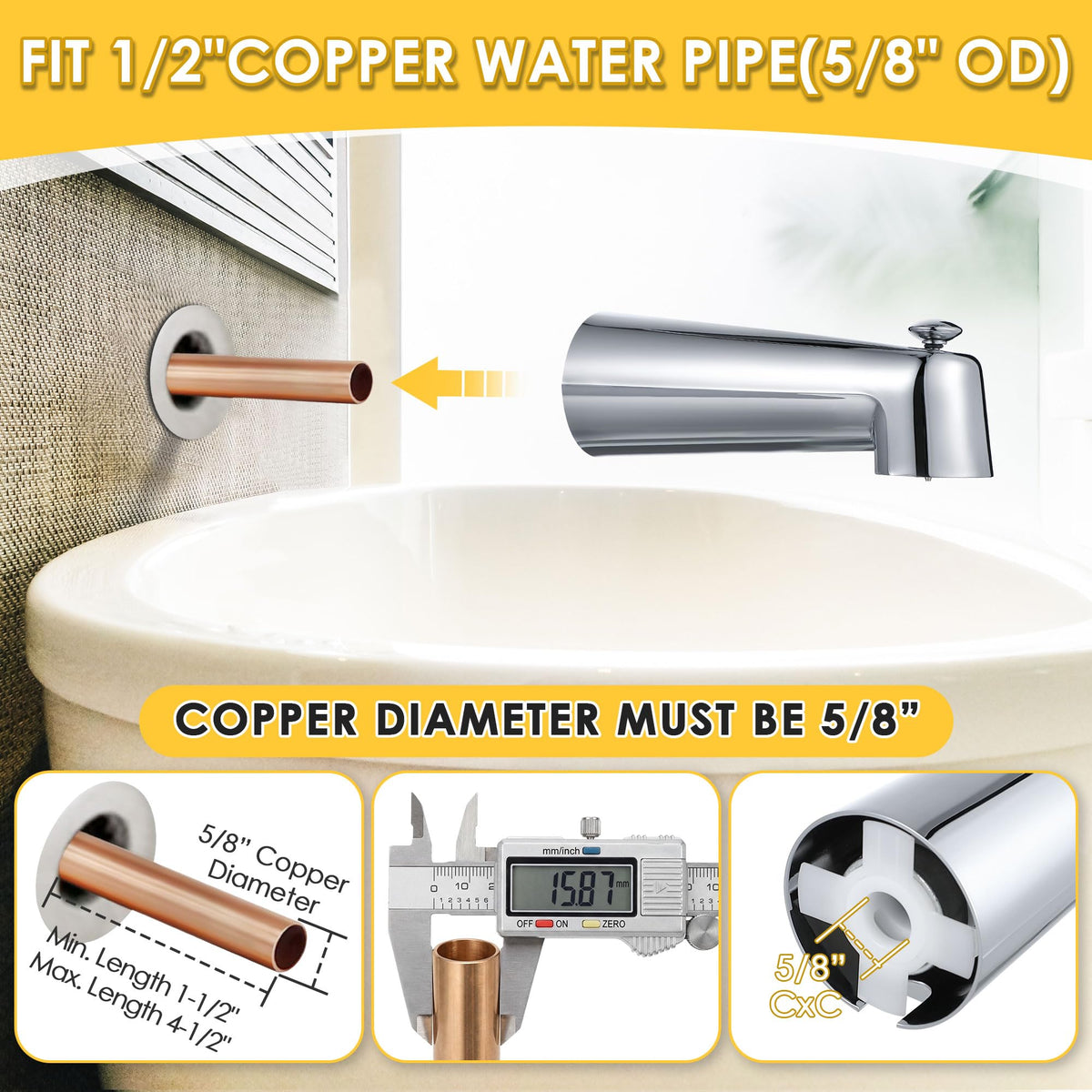 Enhon diverter knob directs water to shower or tub for flexible use.