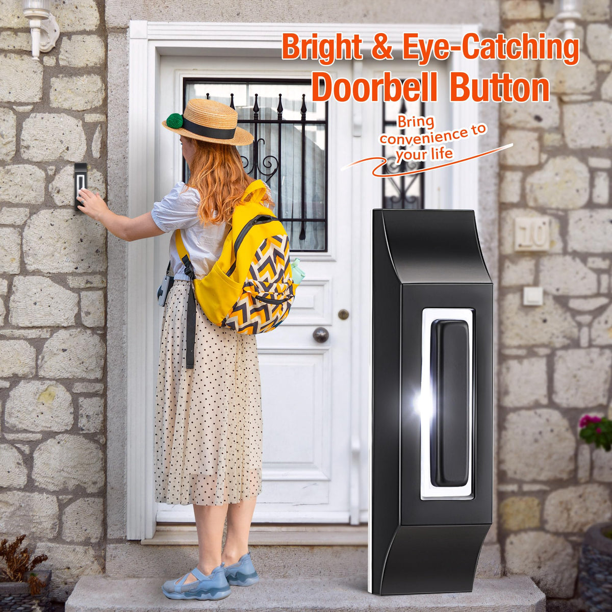 Enhon doorbell button installed on wood door highlighting classic appeal