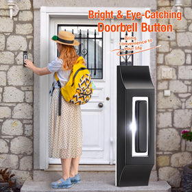 Enhon doorbell button installed on wood door highlighting classic appeal