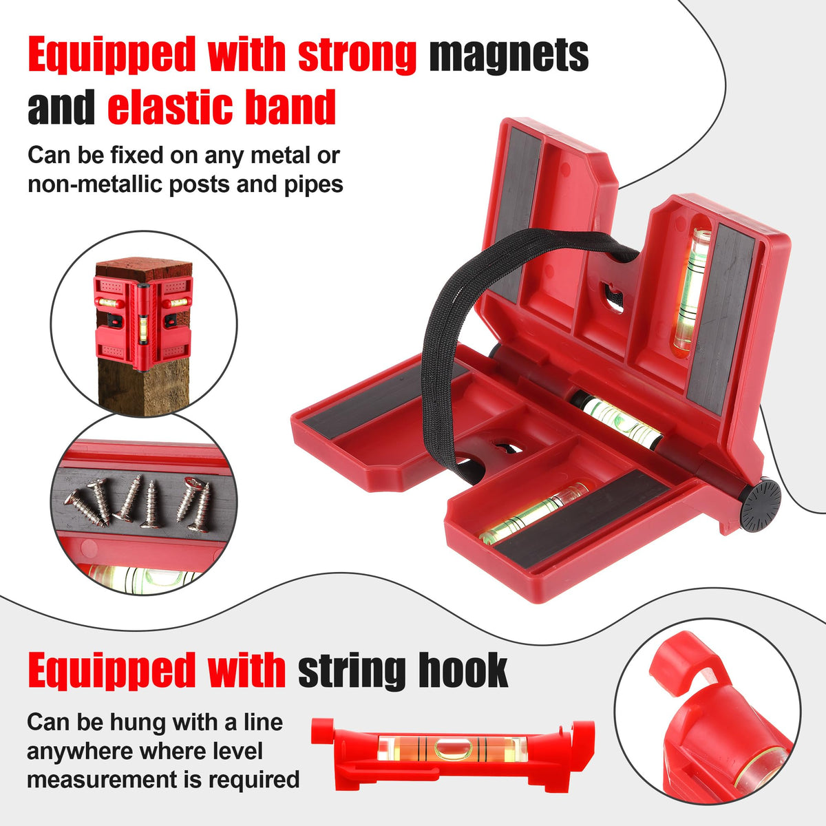 Enhon elastic strap keeps the tool secure on non-metal posts for hands-free use.