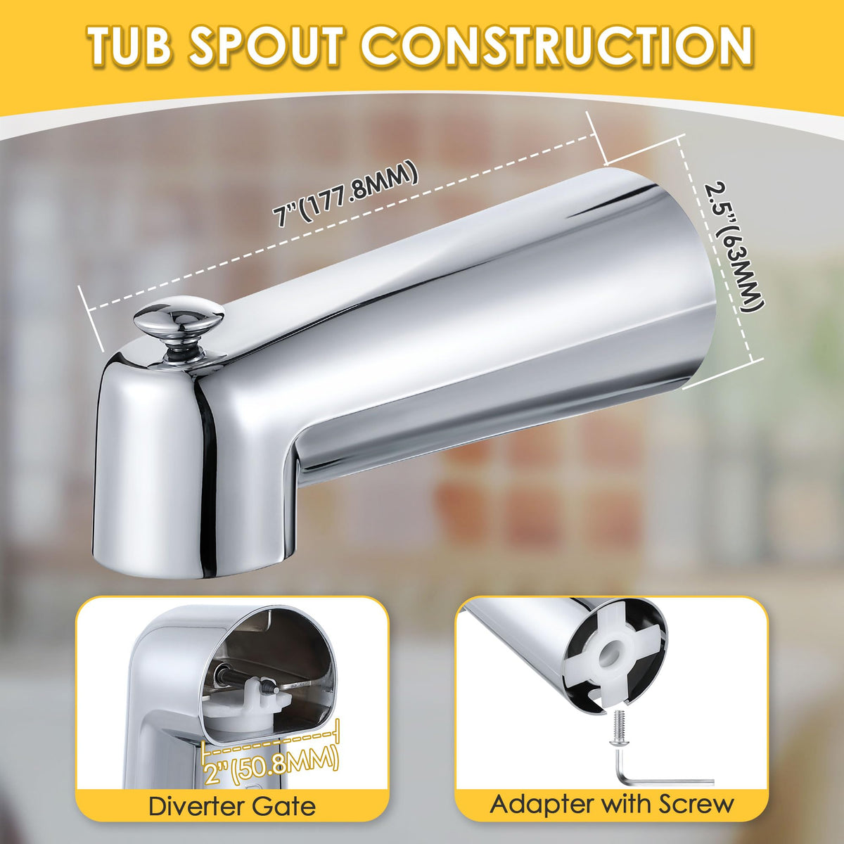 Enhon seven-inch extended spout supports uninterrupted water flow during baths.