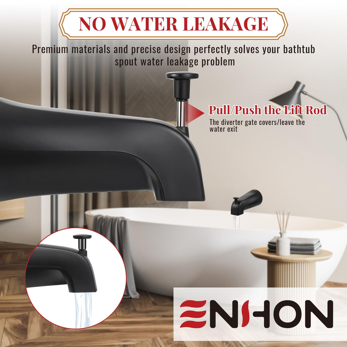 Close-up of Enhon matte black finish on the tub spout showing durable metal construction.