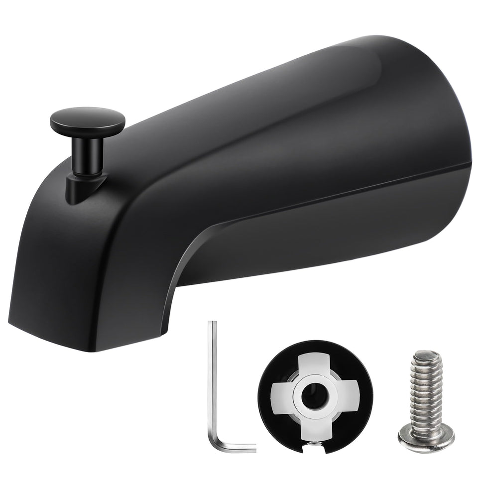 Enhon slip-on tub spout diverter in matte black, easy retrofit for standard 1/2 inch copper plumbing.