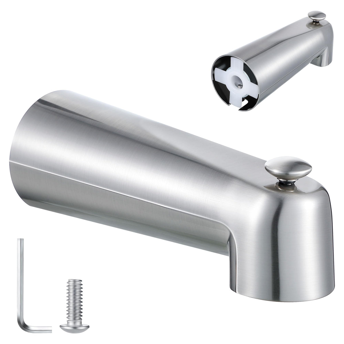 Enhon slip-on tub spout with diverter for easy tub-to-shower switching.