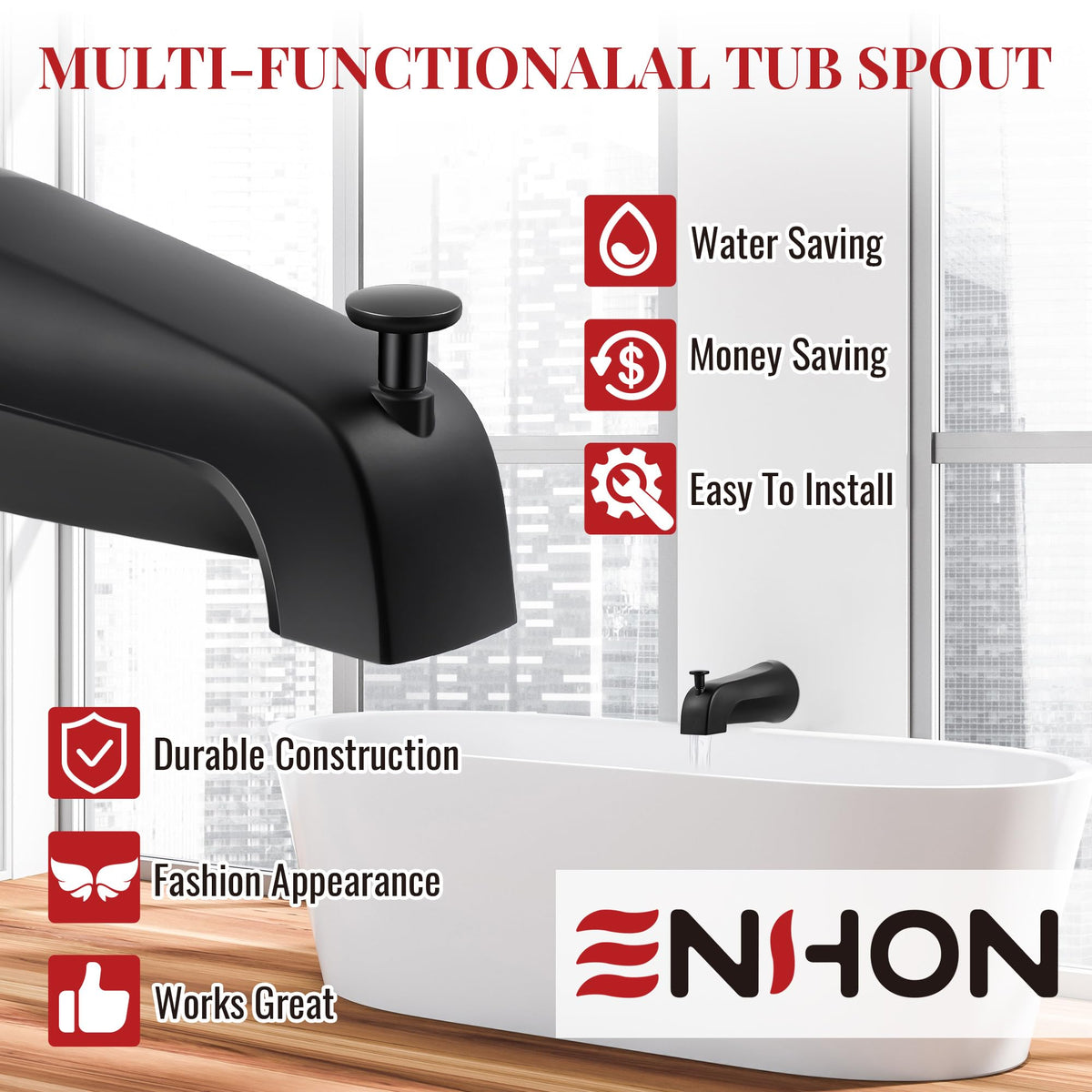 Installation steps for Enhon slip-on tub spout with set screw, DIY friendly.