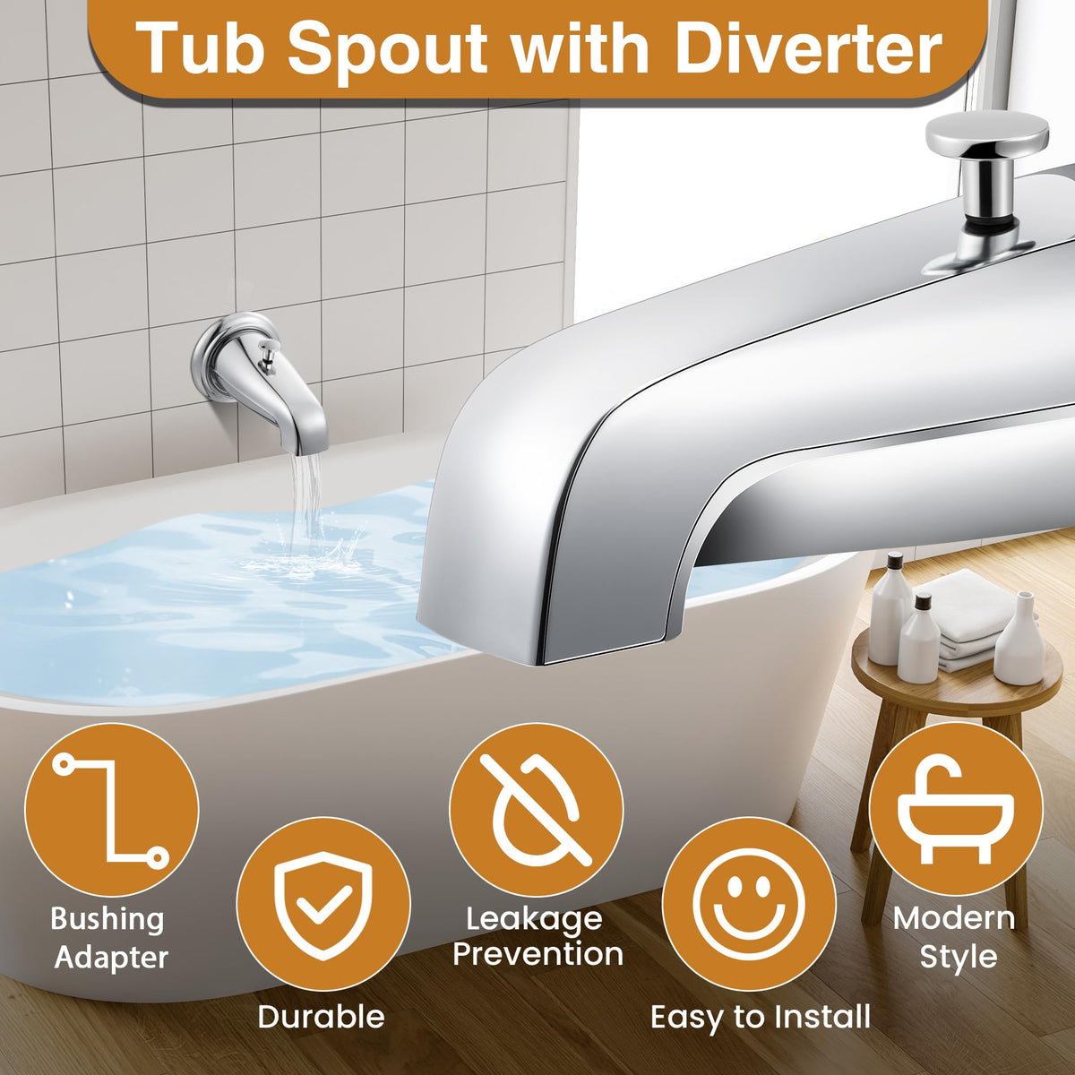 Enhon tub spout length five and a quarter inch chrome for balanced reach.