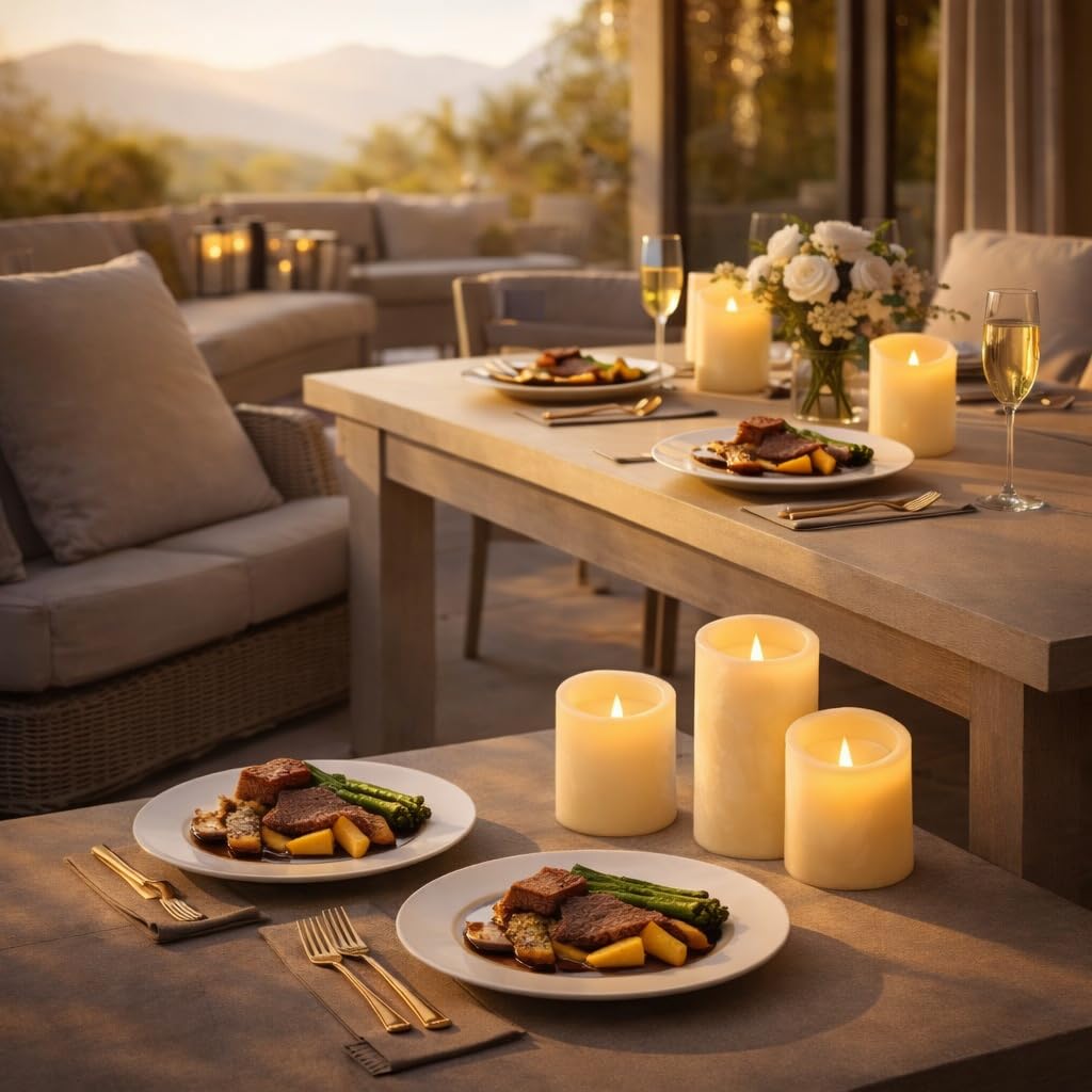Enido remote candles casting a warm glow on a patio