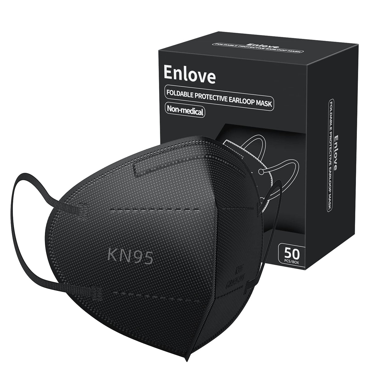 Enlove KN95 face mask black in box, bulk 50-pack for family use.