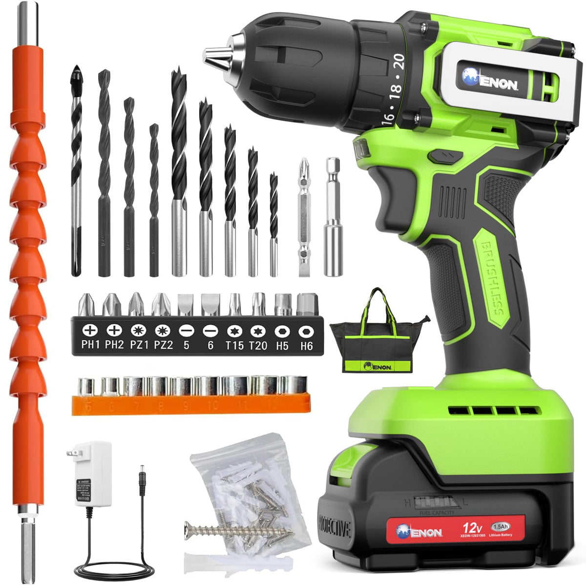 ENON brushless 12V cordless drill front view showing compact form and grip.