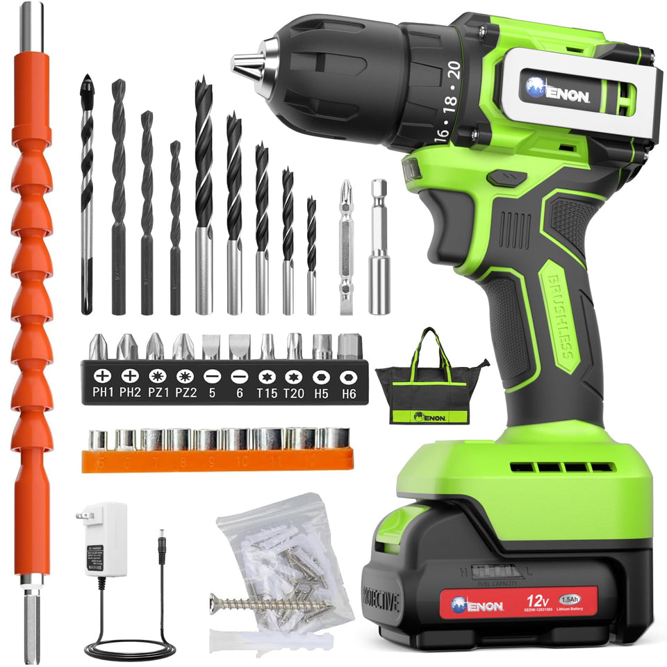ENON brushless 12V cordless drill front view showing compact form and grip.