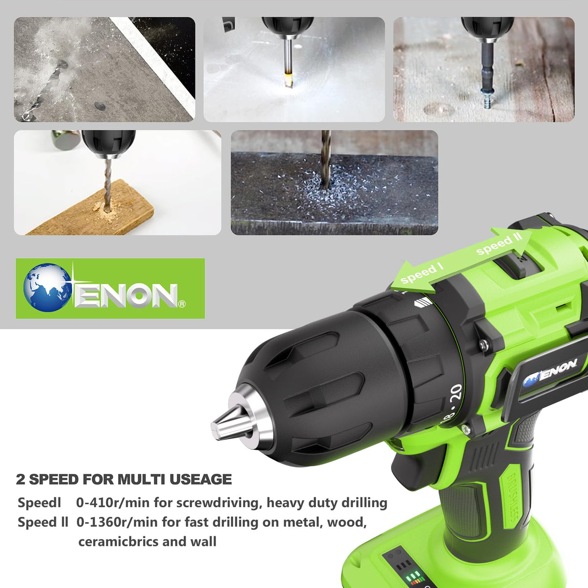  ENON LED work light illuminated drill area for precise placement.