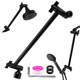 Enoughmen rain shower head extension arm with matte black finish and 12-inch reach.