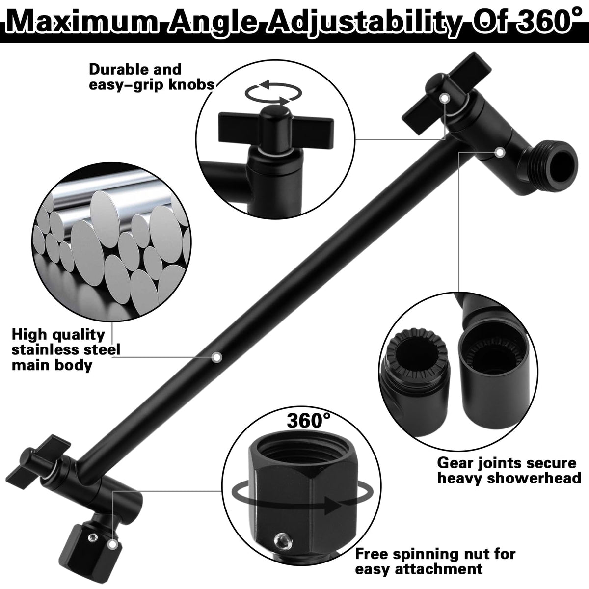 Enoughmen rotating elbow enables versatile up-down head positioning.