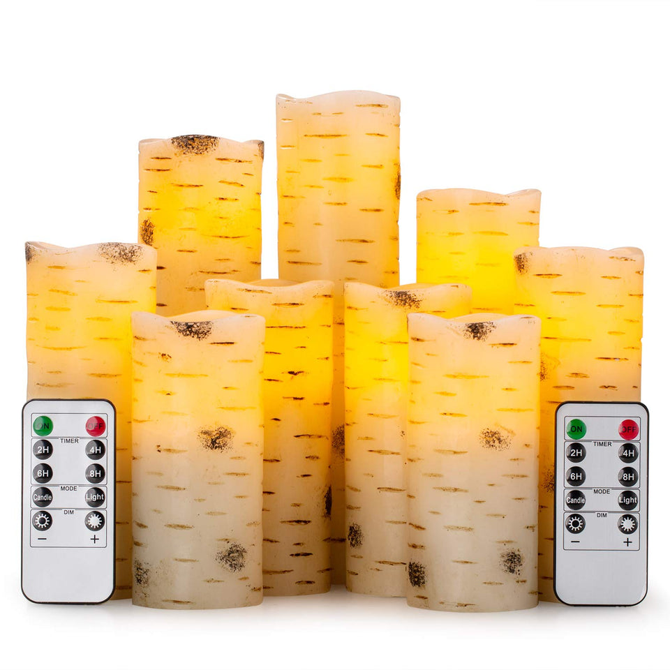 Enpornk flameless candle birch bark close-up showing realistic wax texture for cozy shelves