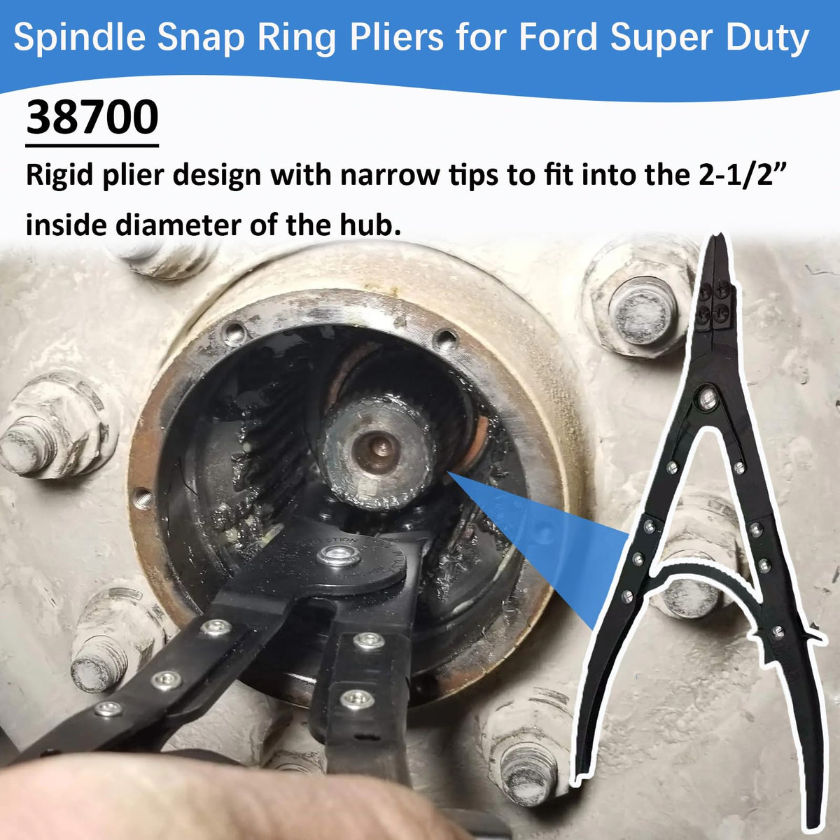 Enruieer 38700 pliers narrow tips close-up on wheel hub