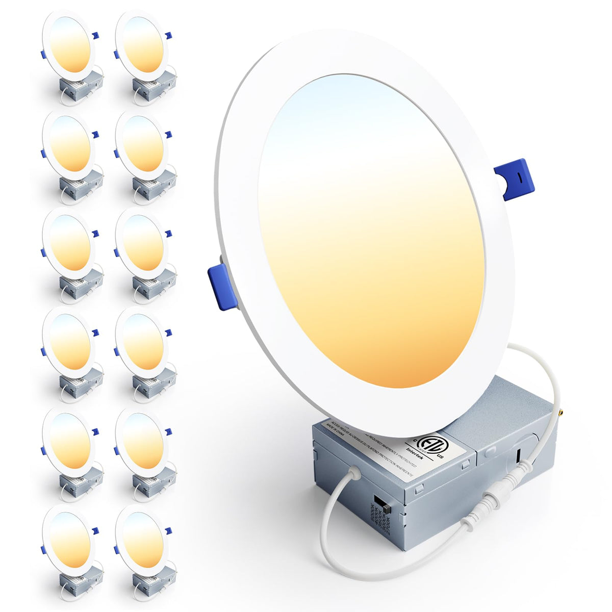 Ensenior 12-pack 7in LED recessed light front view, canless design ideal for clean ceiling aesthetics.