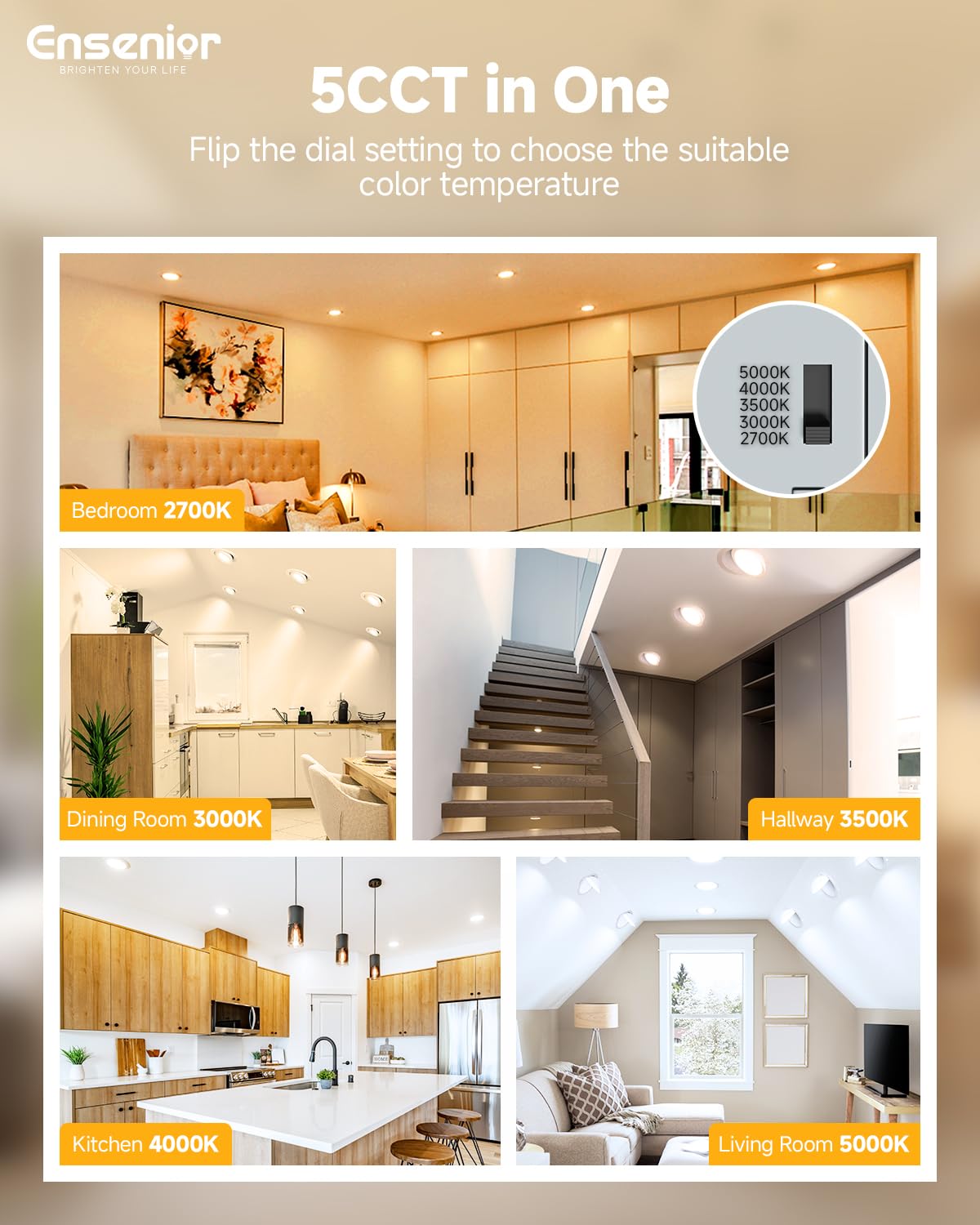 Ensenior 4in gimbal light shows 5CCT color temperature switch for quick adjustments.