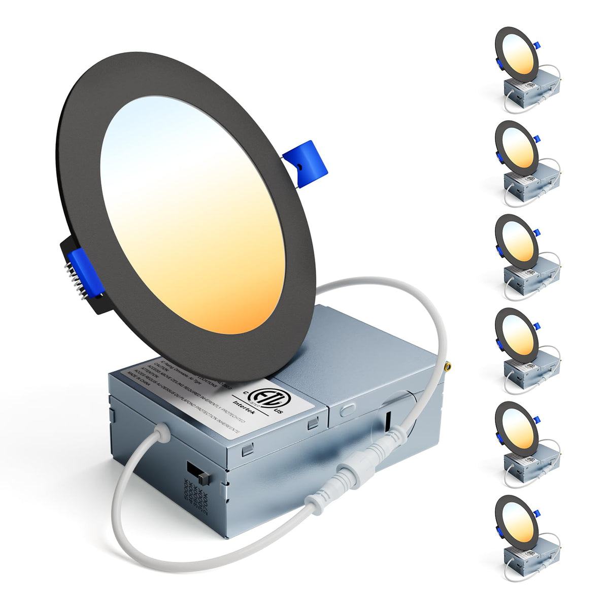 Ensenior 4-inch LED recessed light in black, damp-rated for bathroom ceilings.