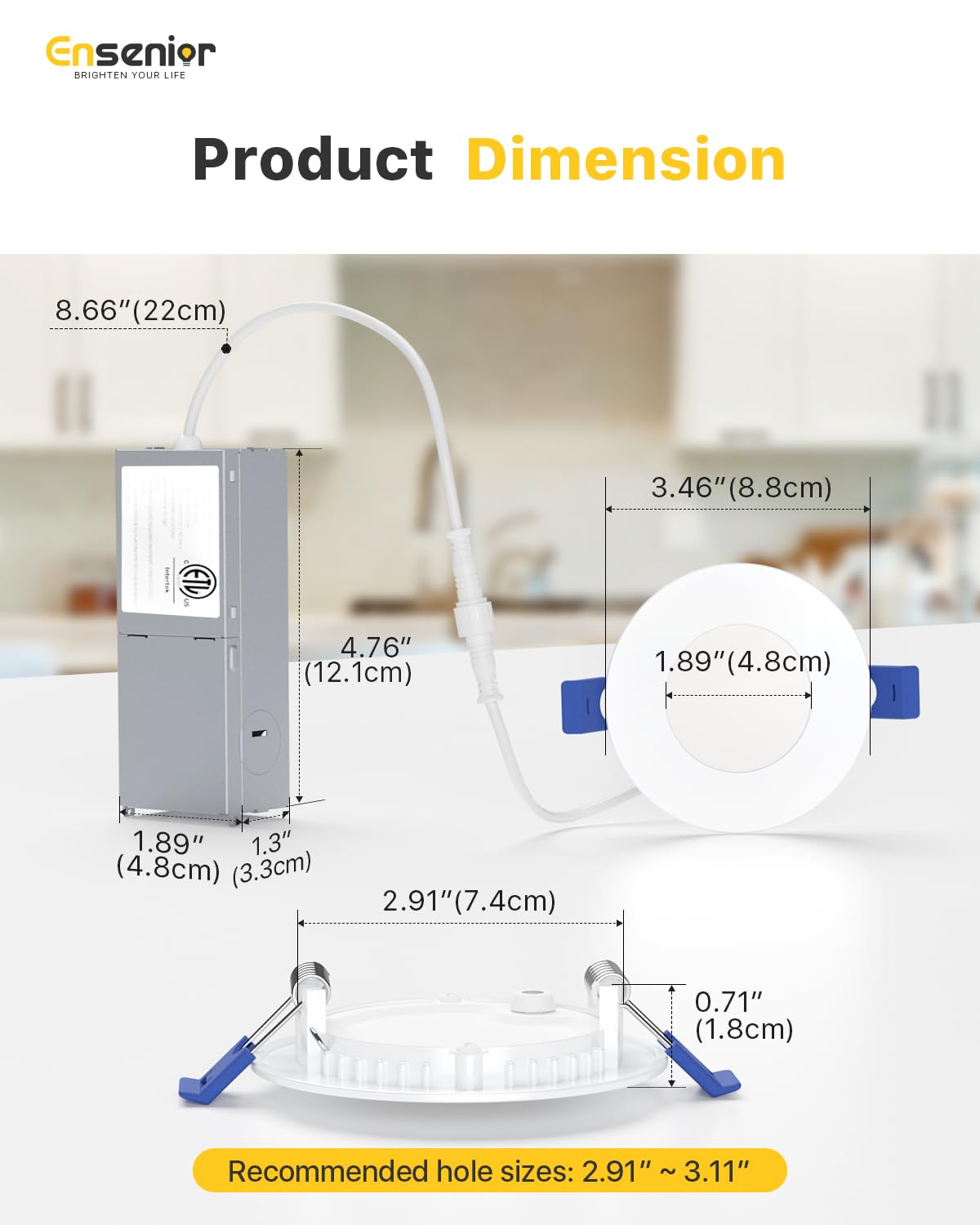 Ensenior damp-rated light supports safe installation in bathrooms and humid spaces.