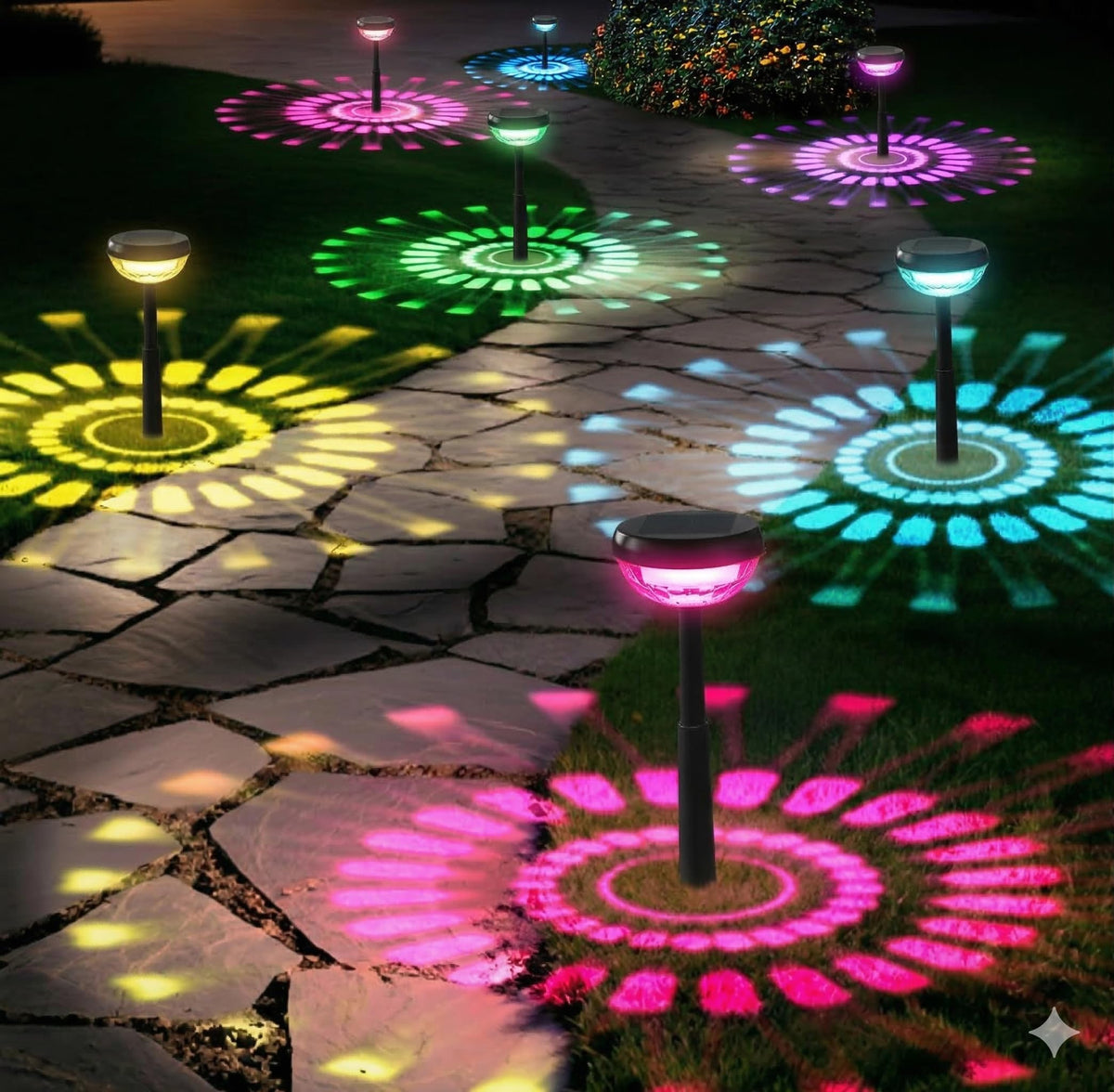 Ensenior 8-pack solar pathway lights illuminate the front porch for welcoming curb appeal.